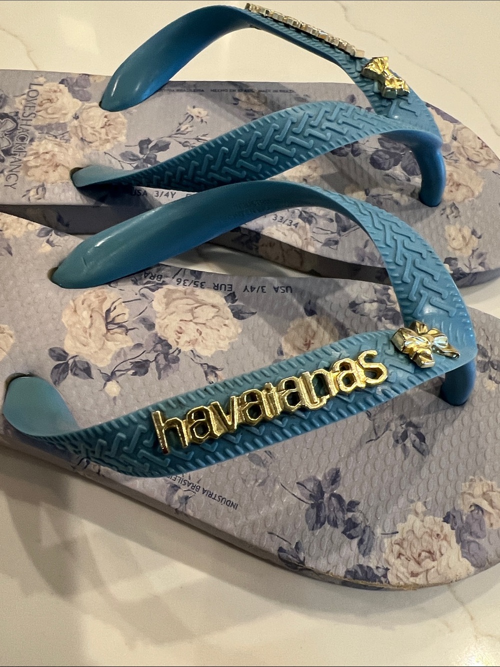 LoveShackFancy x Havaianas Blue Floral Girls' Flip Flops with Gold Logo